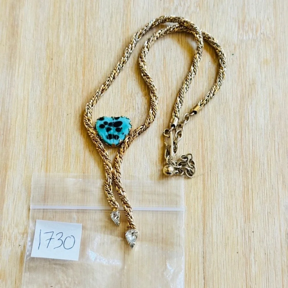 VTG Volupte Heart Necklace VTG Turquoise Glass Statement Rope Gold Whimsical 16